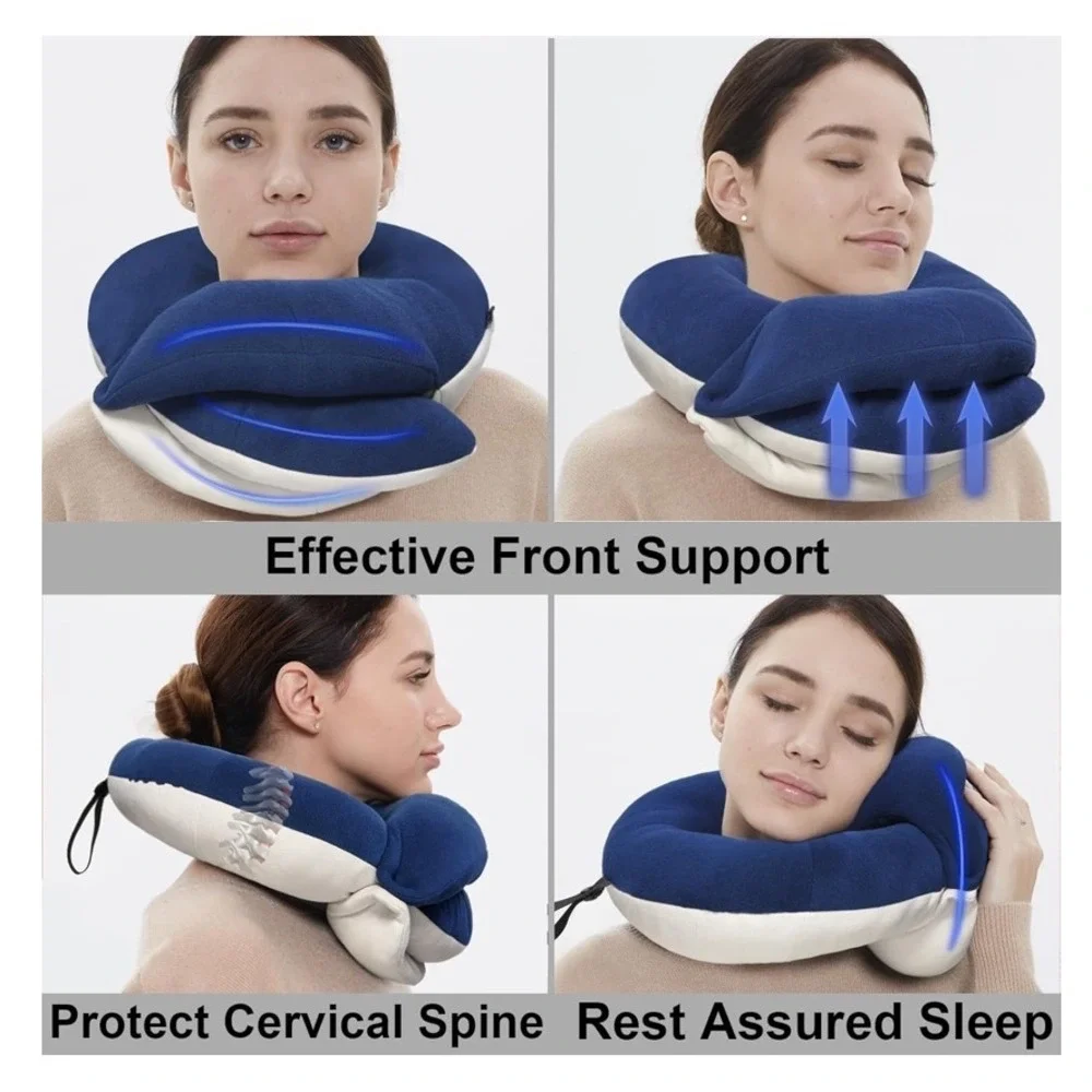 Travel Neck Pillow Memory Foam Neck Support Cushion Blue/White Soft Airplane EUC